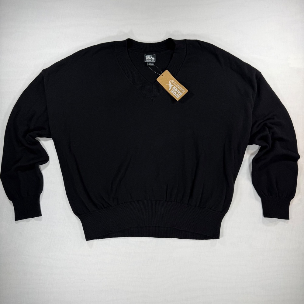 Eddie Bauer Women's Black Knitted Cotton V-Neck Sweater Drop Shoulder  Size L
